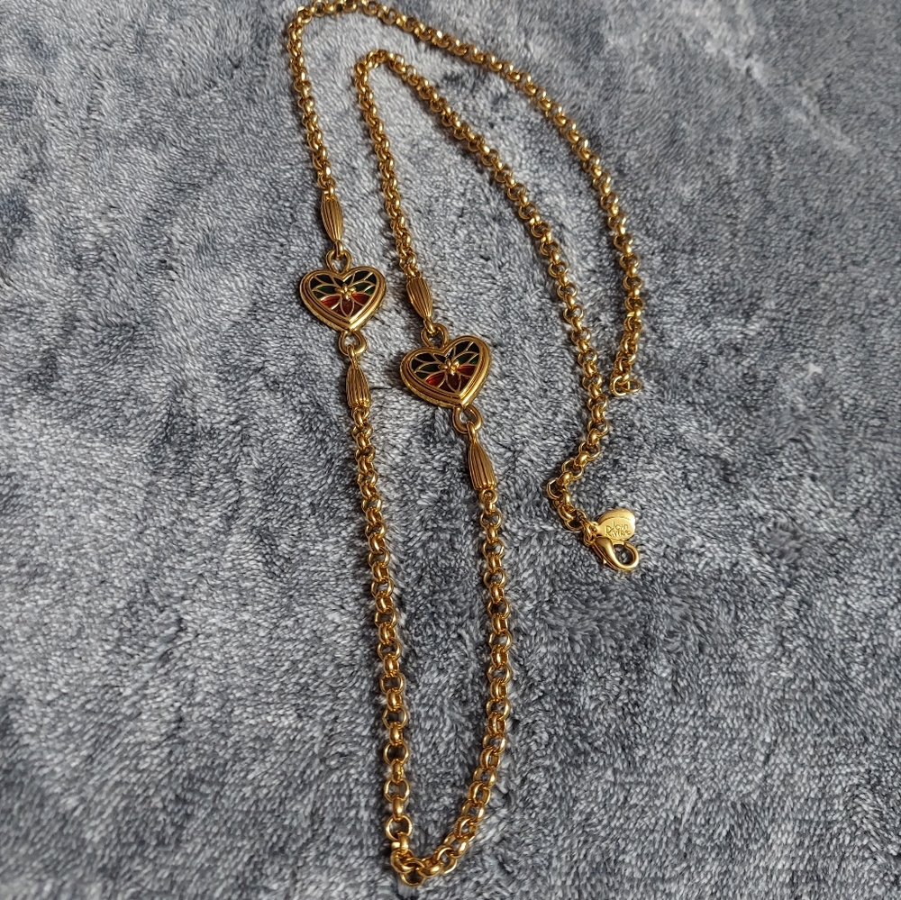 Joan River's Vintage Gold Tone '2 Plique A Jour' Mosaic Heart Station Necklace